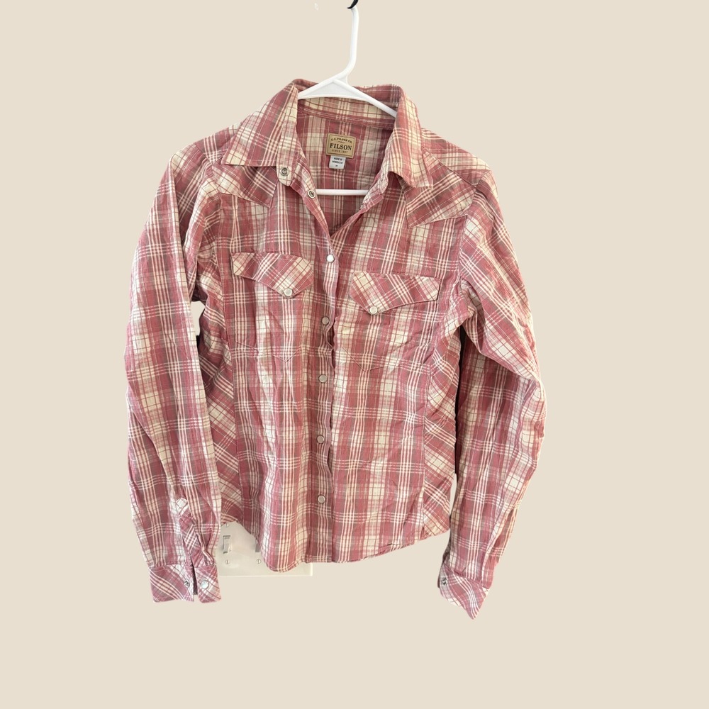 Filson Womens Pink Plaid Cotton Western Pearl Snap Long Sleeve Shirt Size M